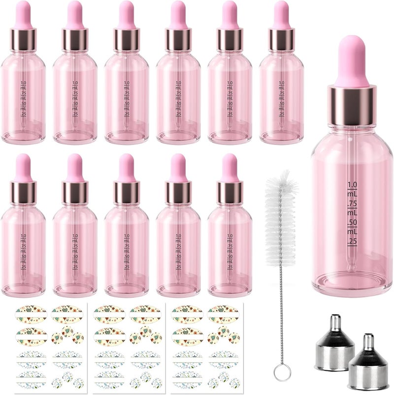 CycleMore 12 Pack (30 ml) 1 oz Pink Glass Boston Bottles with Glass Scale Eye Droppers, Glass Cosmetic Droppers for Beauty, Essential Oils, Makeup & More Liquids Ideal for Mom or Friends - Image 1
